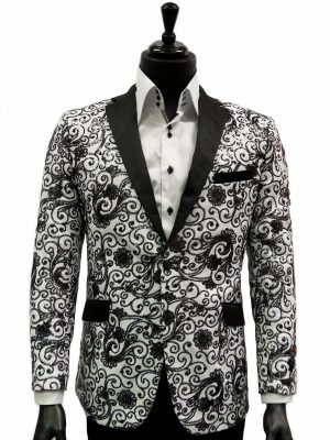 Manzini Mens Black White Sequin Embellished Paisley Design Fancy Dress Blazer