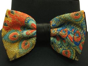 Gold Multicolor Peacock Design Stretch Party Bow Tie