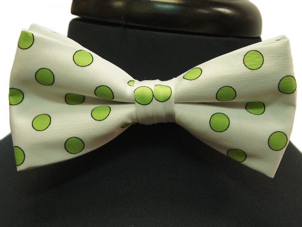 White Lime Green Polka Dot Pattern Adjustable Bow Tie with Handkerchief