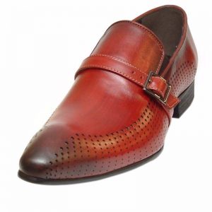 Fiesso Mens Red Shaded Leather Monk Strap Trendy Slip On Dress Casual Shoes