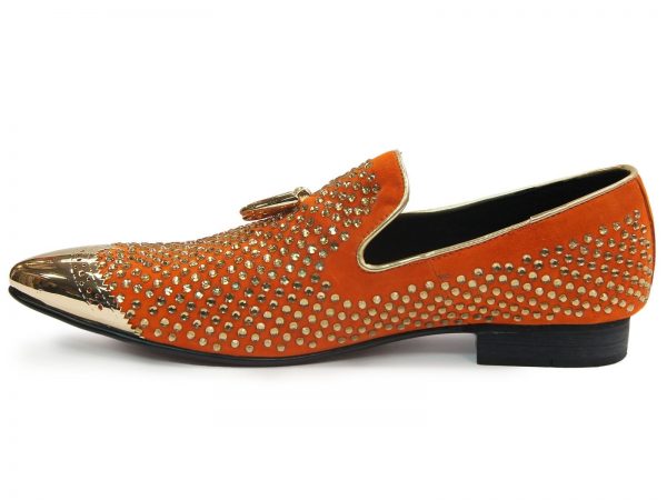 Fiesso Mens Orange Suede Gold Rhinestone Metal Cap Toe Jazzy Loafer Party Shoe 
