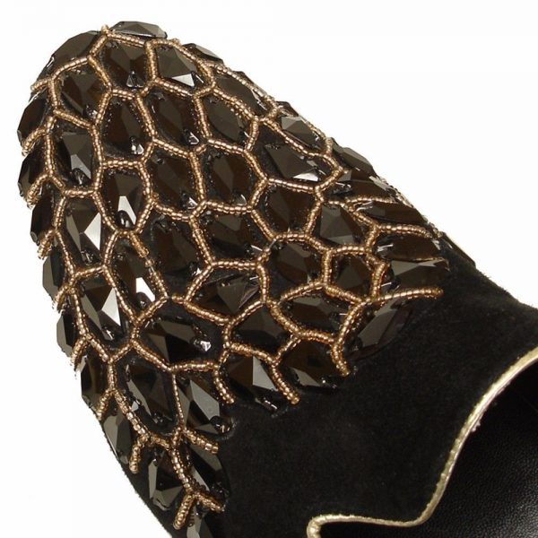 Fiesso Black Leather Rhinestone Embellishment Dress Slip On Slipper Men Shoe