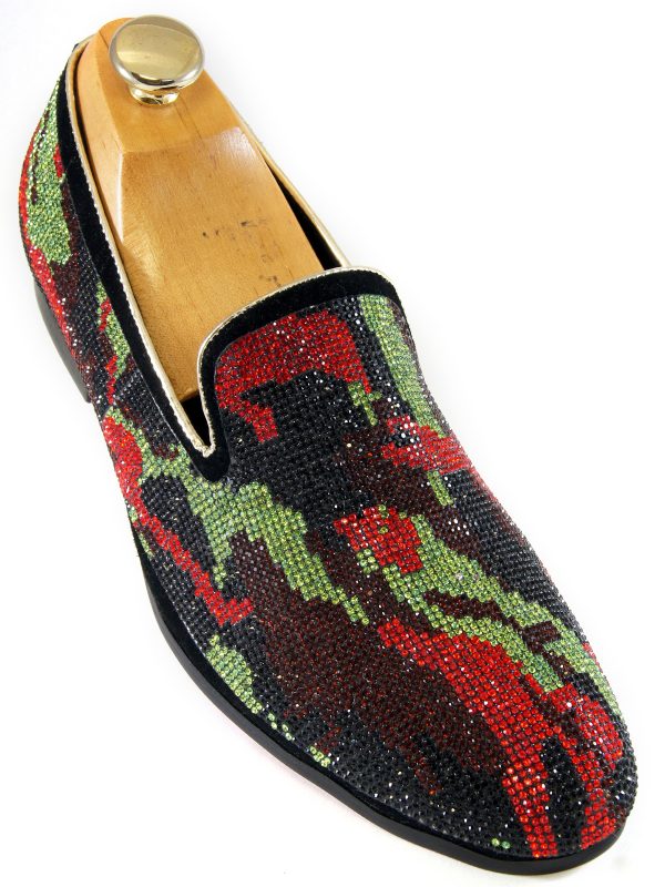 Fiesso Mens Red Green Black Rhinestone Camouflage Design Slip On Party Shoe