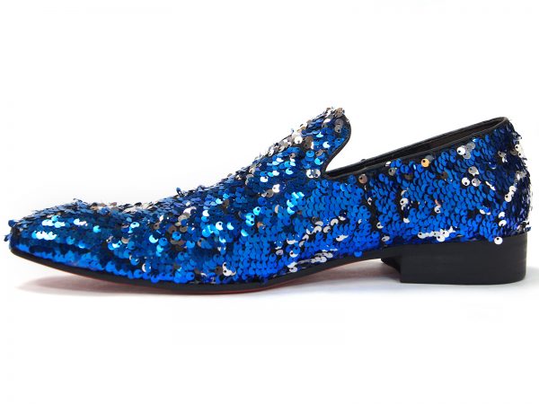 Fiesso Mens Blue Silver Sequin Embellishment Fashion Point Toe Slip On Shoe
