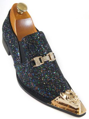 Fiesso Mens Black Multicolor Glitter Gold Buckle Cap Toe Fashion Slip On Shoe