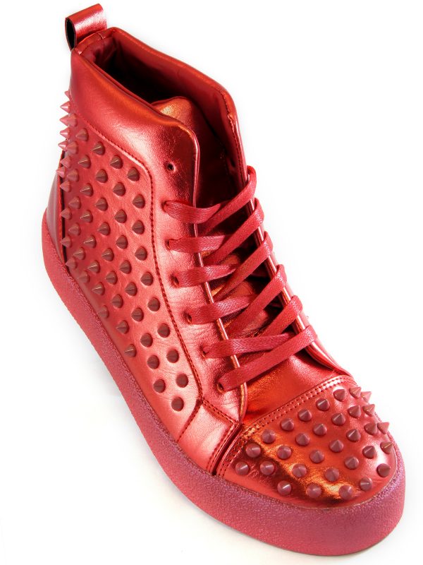 Fiesso Mens Red PU Leather Studded Lace Up High Top Sneaker Shoe
