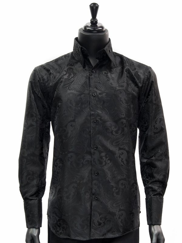 Manzini Mens Black Paisley Design Trendy Fashion Dress Button Down Dress Shirt