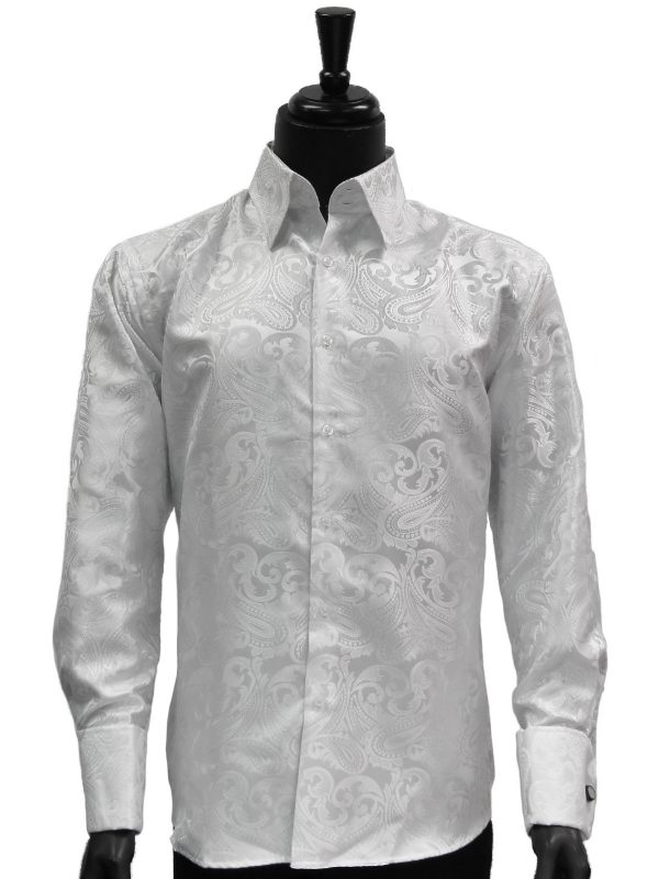 Manzini Mens White Paisley Design Trendy Fashion Dress Button Down Dress Shirt