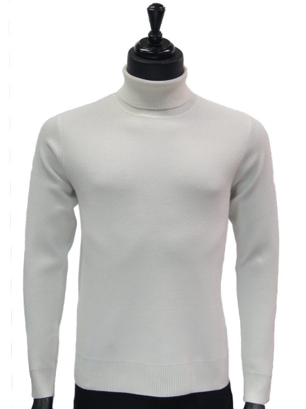 Prestige Mens White Luxurious Smooth Turtle Neck Dress Casual Sweater