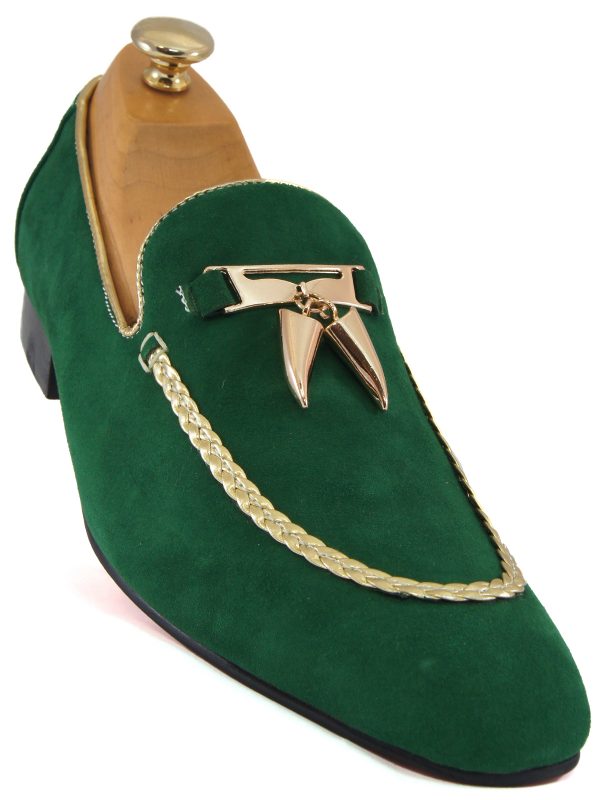Fiesso Mens Green Suede Gold Tassel Stepping Entertainer Dress Loafer Shoe